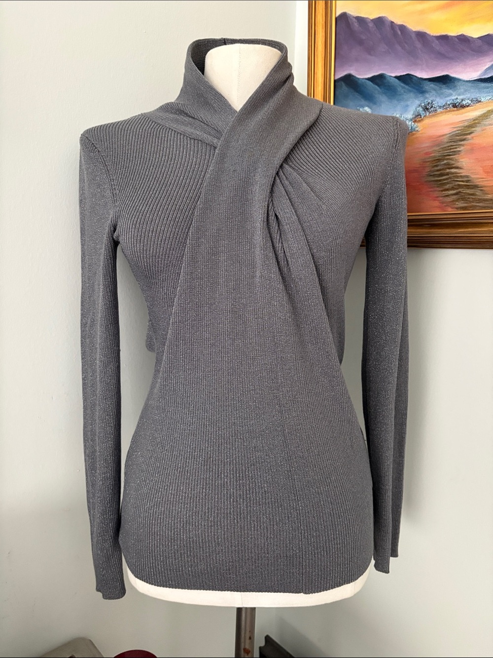 Calvin Klein Gray Silver Twist Front Ribbed Knit Sweater Shiny yarn